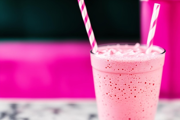 Um milk-shake listrado de rosa e branco com um canudo rosa.