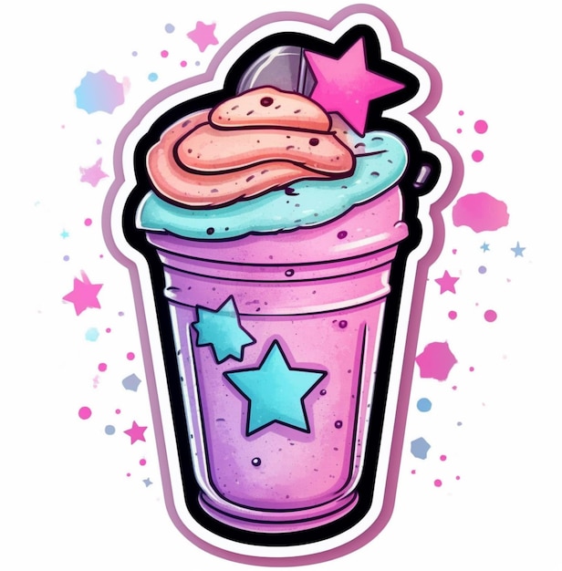 Um milk-shake rosa com um creme roxo e uma estrela no topo.