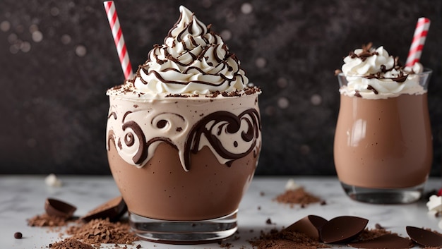 Um milkshake cremoso de chocolate com um redemoinho de chantilly e uma pitada de raspas de chocolate