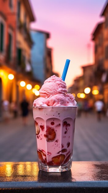 Foto um milkshake rosa com um palito azul no meio da rua.