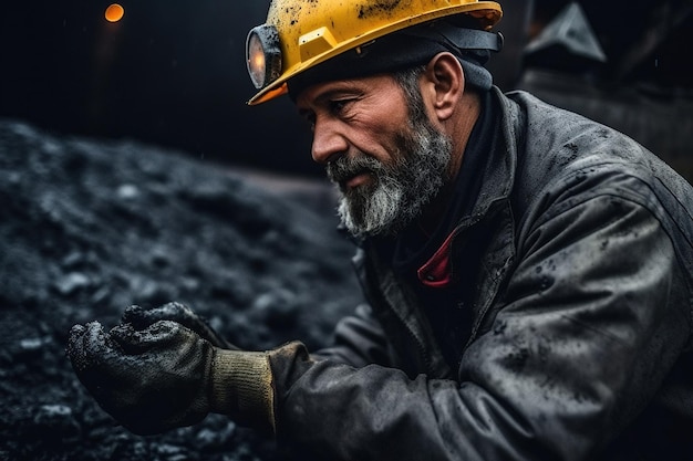 Um mineiro de carvão segurando um pedaço de carvão com poeira preta em seu rosto e roupas de trabalho em uma mina mal iluminada Generative AI