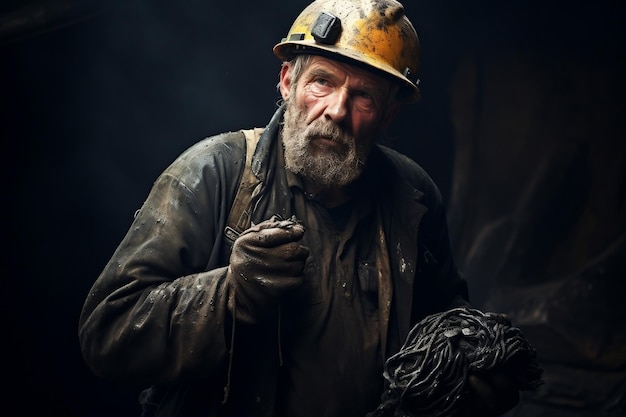 Um mineiro de carvão segurando um pedaço de carvões em meio à poeira preta