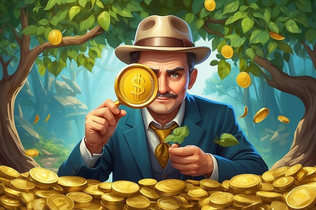 Um mineiro de ouro bem-sucedido, um tipo com sorte, olhando de perto para uma moeda de ouro através de uma lupa perto da árvore do dinheiro.
