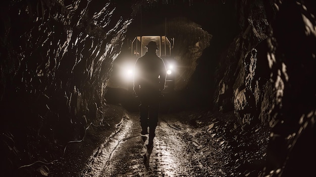 Foto um mineiro trabalha em uma mina empoeirada com uma pica e um martelo elétrico indústria de mineração de carvão e mineração de minério