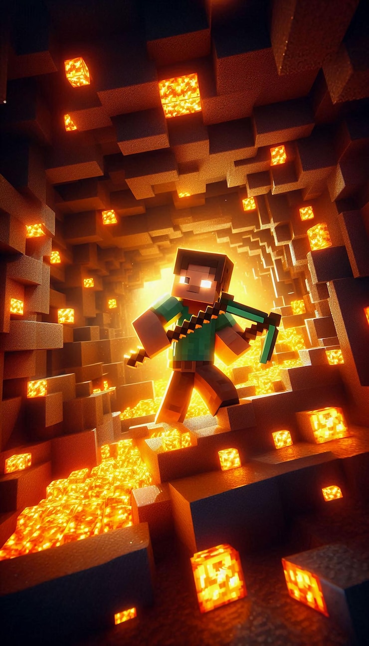 Foto um mineiro usando uma pica em uma caverna brilhante de minecraft perfeito para arte digital