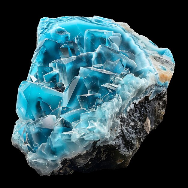 Foto um mineral azul e branco com o nome de aqua