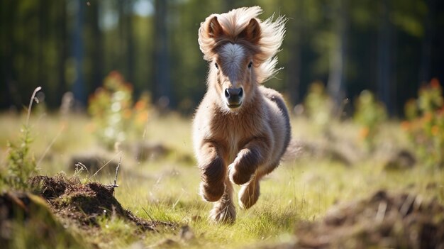 um Mini Pony Horse correndo na grama larga