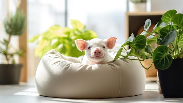 Foto um mini porco manso e bonito descansando em uma cama de animais.