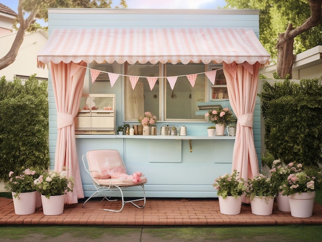 um minúsculo café azul e rosa com um toldo listrado rosa e branco