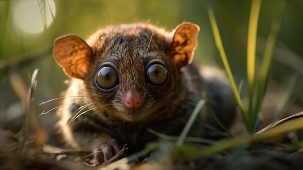 Um minúsculo gambá pigmeu bebê senta-se na grama.