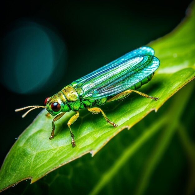 Foto um minúsculo leafhopper empoleirado em uma ai geradora de folha verde