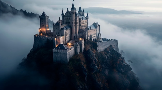 Um misterioso castelo em uma montanha no meio do nevoeiro IA generativa