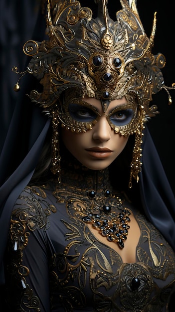 Um misterioso e atraente participante do baile de máscaras com o rosto escondido atrás de uma máscara ornamentada