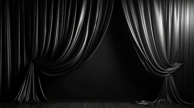 Um misterioso quarto escuro com piso de madeira e uma cortina preta Generative ai