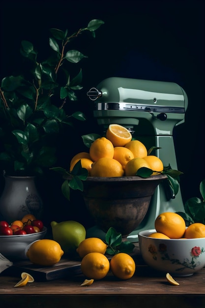 Um misturador de cozinha verde com uma tigela de laranjas e uma tigela de frutas.