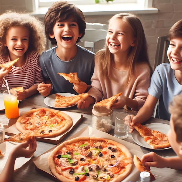 Um miúdo a divertir-se enquanto come pizza.