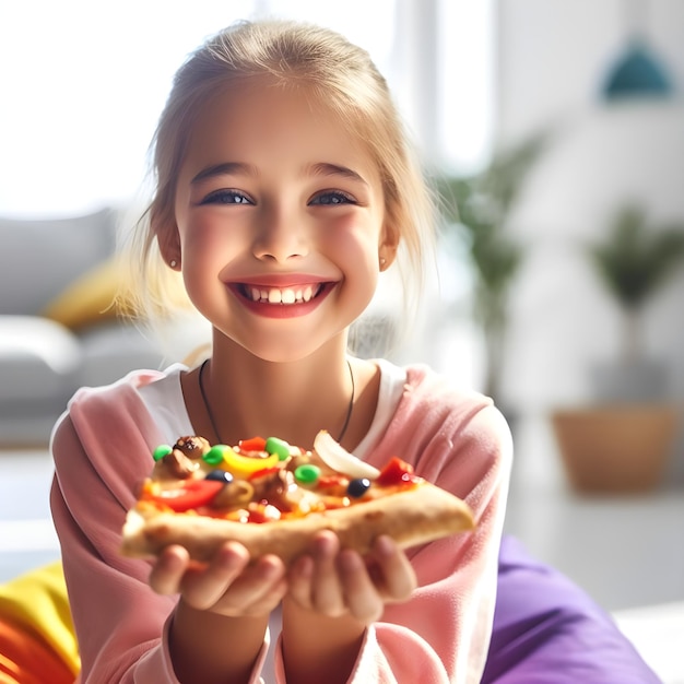 Foto um miúdo a divertir-se enquanto come pizza.