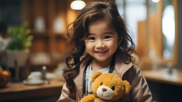 Um miúdo asiático a brincar com um urso de peluche na loja.