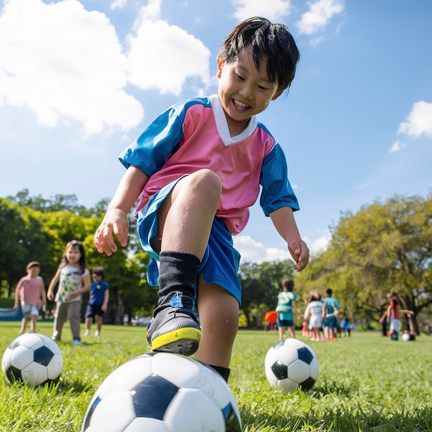 Foto um miúdo asiático a jogar futebol ou futebol no parque a pisar as bolas.