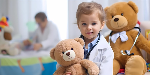 Um miúdo bonito a brincar de médico com um brinquedo de pelúcia no hospital.