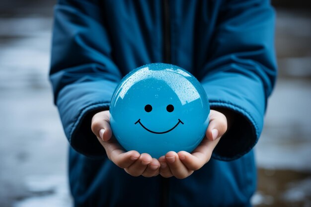 Um miúdo com as duas mãos num sorriso azul.