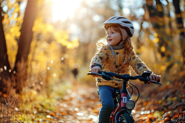 Um miúdo feliz a andar de bicicleta com a mãe no parque.