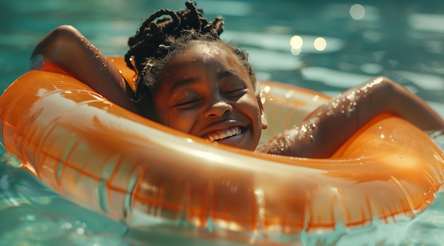 Um miúdo feliz a flutuar no anel de natação na piscina a divertir-se e a rir.