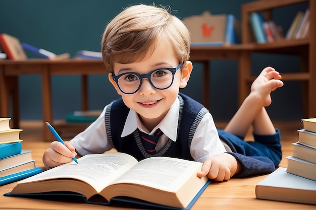 Um miúdo feliz, bonito, estudante, a ler um livro.