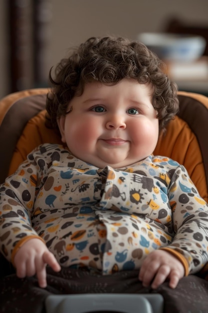 Um miúdo gordo sorridente sentado numa cadeira com excesso de peso.