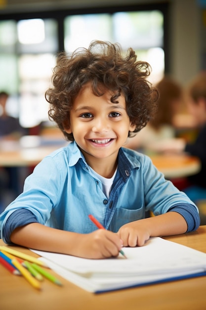 Um miúdo latino feliz na escola.