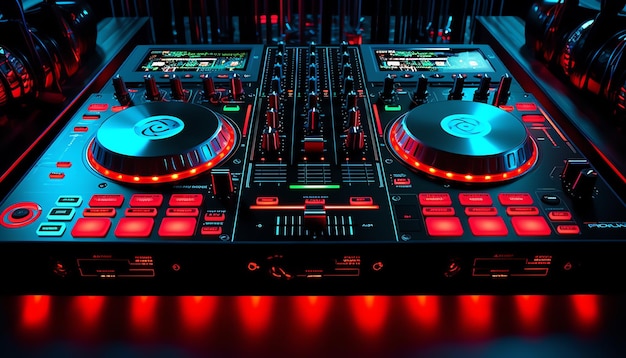 Um mixer de DJ com luzes vermelhas e um trackpad.