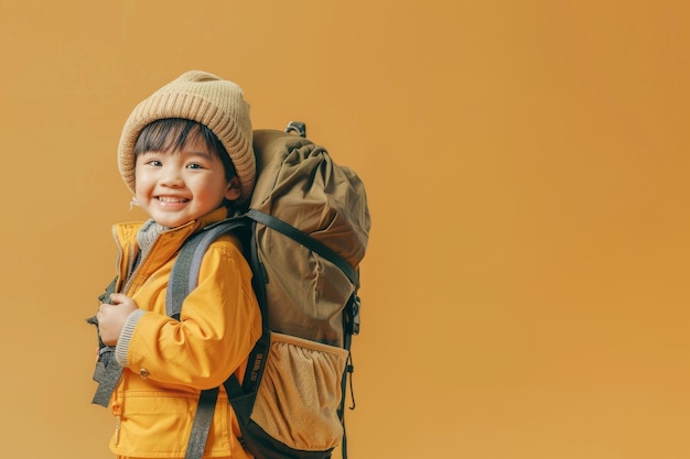 um mochilão criança alegremente posando com uma mochila isolada em um fundo bege