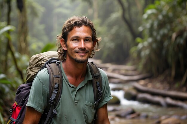 Foto um mochileiro a explorar a floresta tropical de bornéu