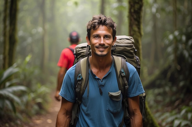 Um mochileiro a explorar a floresta tropical de Bornéu