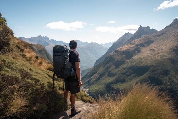 Um mochileiro apreciando a vista em uma trilha de montanha criada com IA generativa