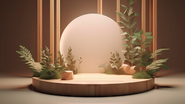 Um modelo 3d de um palco com uma planta no meio.