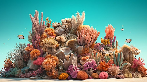 Um modelo 3d de um recife de coral com um fundo azul.