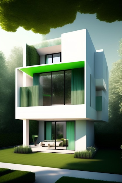 Um modelo 3d de uma casa com telhado verde.