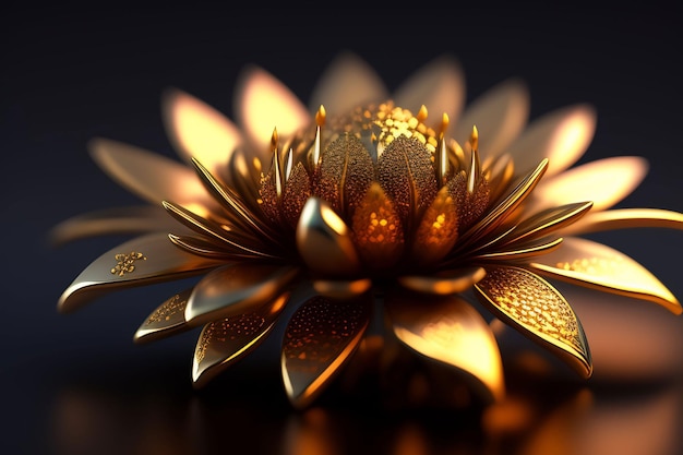 Um modelo 3d de uma flor com folhas de ouro.