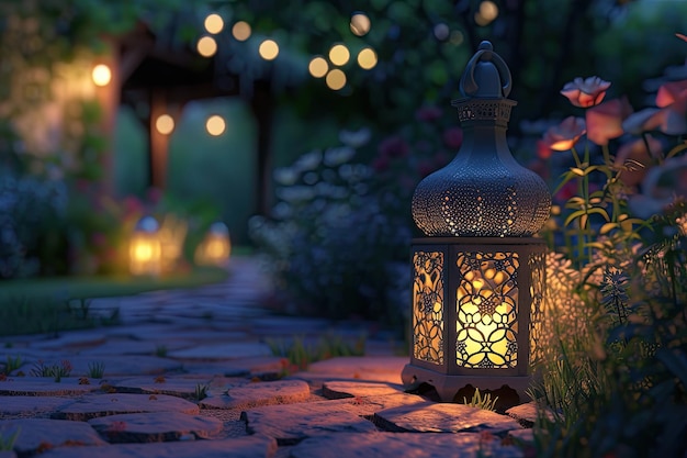 Um modelo 3D de uma lanterna tradicional do Ramadan em um cenário noturno pacífico