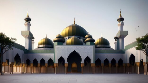 Um modelo 3D de uma mesquita com a cúpula verde e as palavras 'mesquita' no topo.