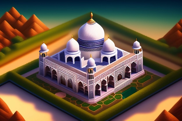 Um modelo 3D de uma mesquita com o nome taj no topo.