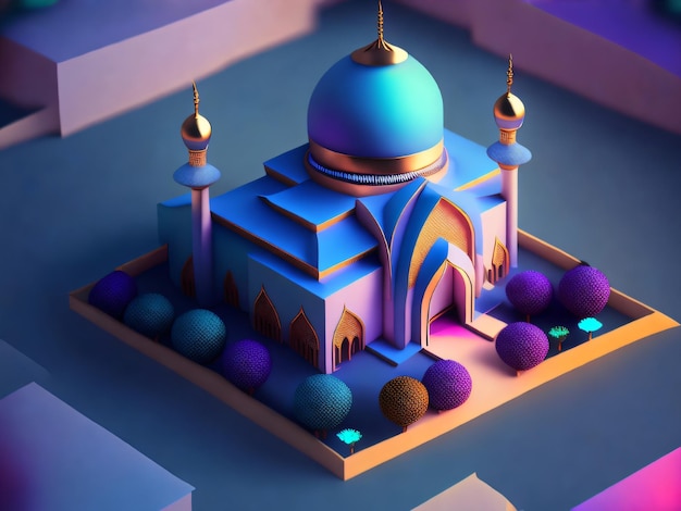 Um modelo 3d de uma mesquita com uma cúpula azul e uma cúpula azul.