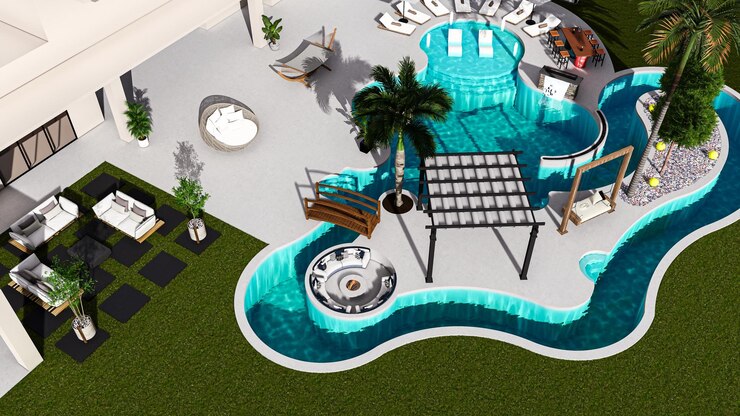Foto um modelo 3d de uma piscina com uma piscina e uma cadeira de salão