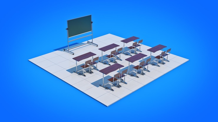 Foto um modelo 3d de uma sala de aula com um quadro-negro no meio.