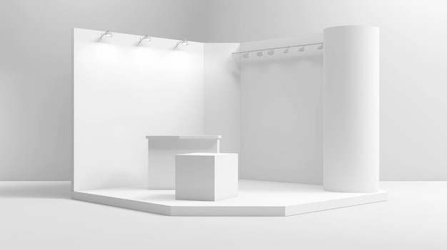 Foto um modelo 3d de uma sala em branco com paredes brancas um chão e uma mesa na frente uma vista de canto e uma barraca de apresentação vazia para uma configuração de exposição um conjunto realista moderno de uma cabine em branco para um comércio