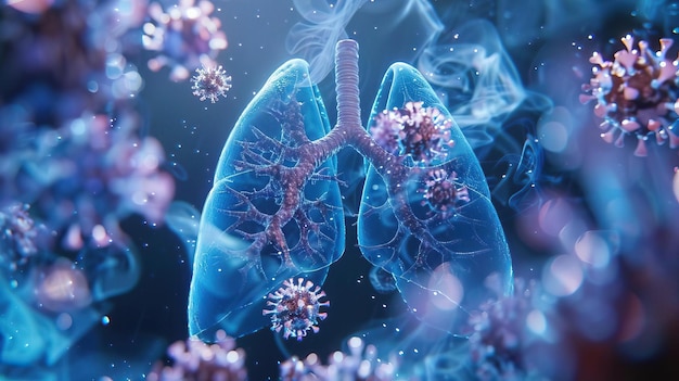 Foto um modelo 3d detalhado de pulmões humanos mostrando o vírus em azul enfatizando sua presença e efeitos no tecido pulmonar para uma análise visual abrangente