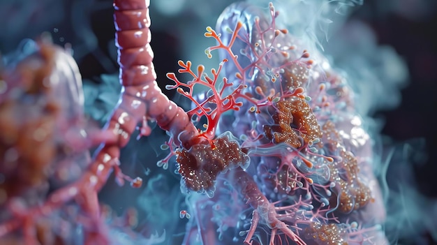 Foto um modelo 3d detalhado ilustrando pneumonia em pulmões de fumantes revelando inflamação, acúmulo de muco e tecido comprometido para fornecer uma visão médica abrangente