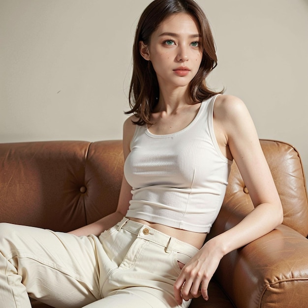 Foto um modelo asiático a disparar para a beleza sentado no sofá.
