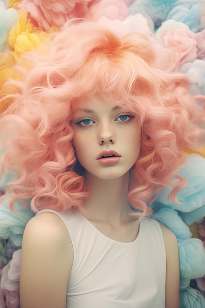 um modelo com cabelo rosa e uma camisa branca na frente